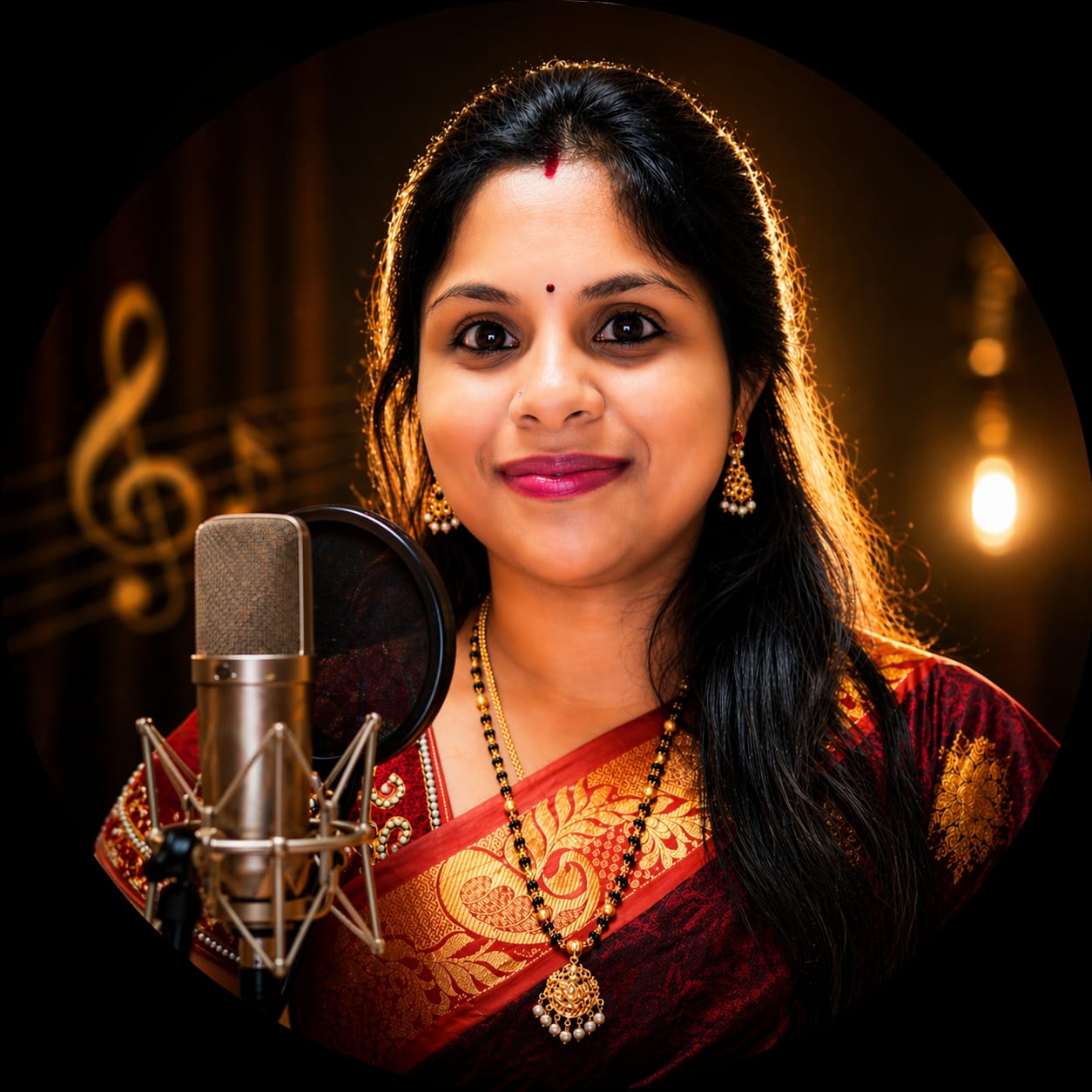Harini Vellanki — Carnatic vocalist and teacher singing with a microphone